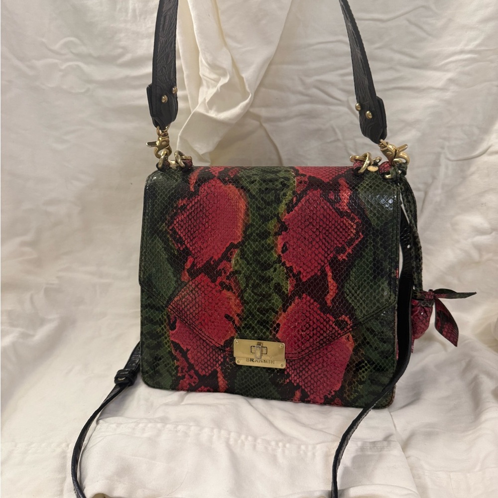 Brahmin Red and Green Snake Print leather Shoulder Bag - Picture 2 of 11